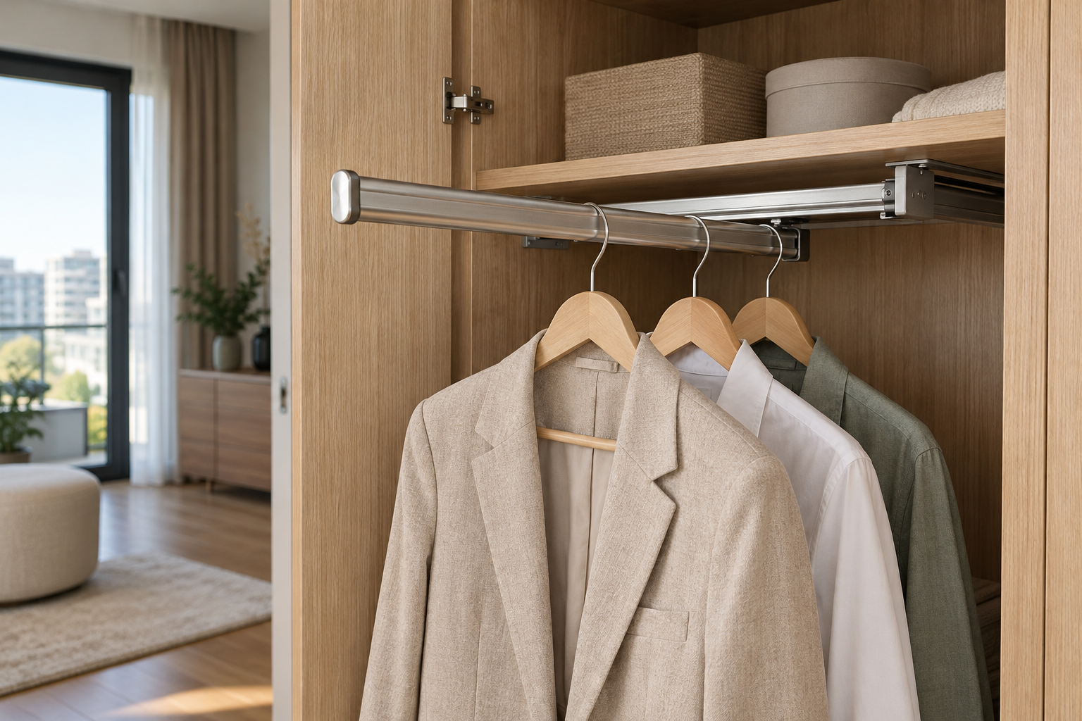Bară telescopică pentru umerașe: cote, montaj și utilizare în dressing